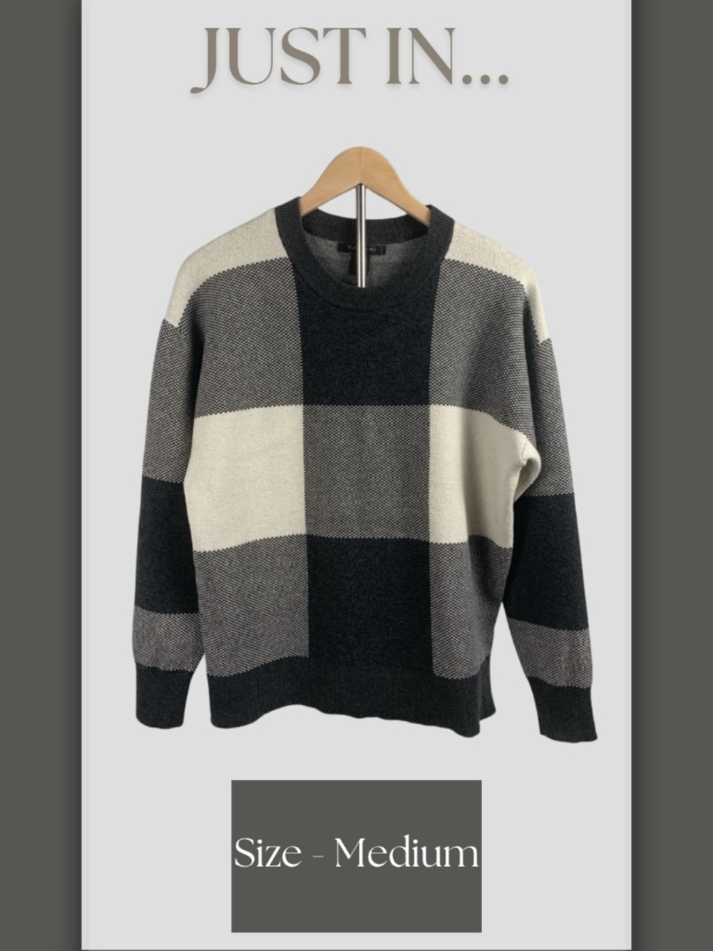 Tahari Black Gray Cream Checked Crewneck Sweater Women's M Gingham Fall Boho
